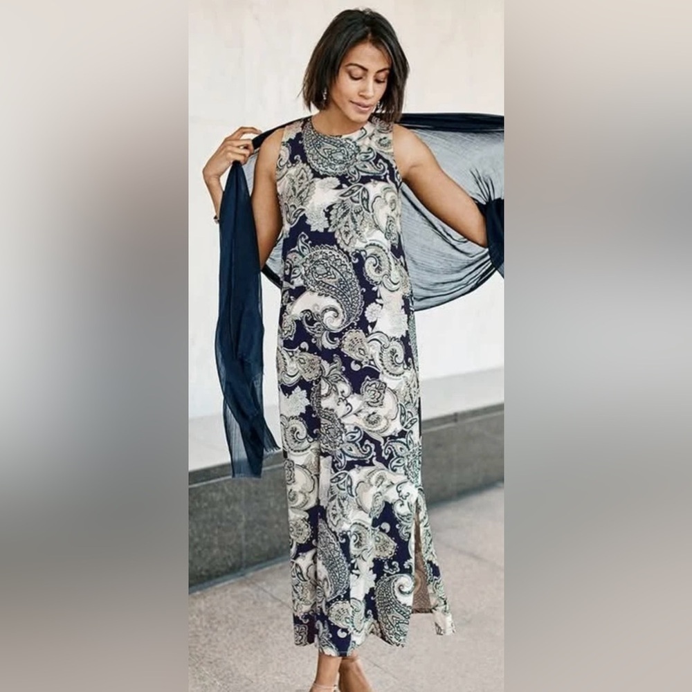 J. Jill Navy & Cream Paisley Sleeveless Maxi Dress Side Slits Size M